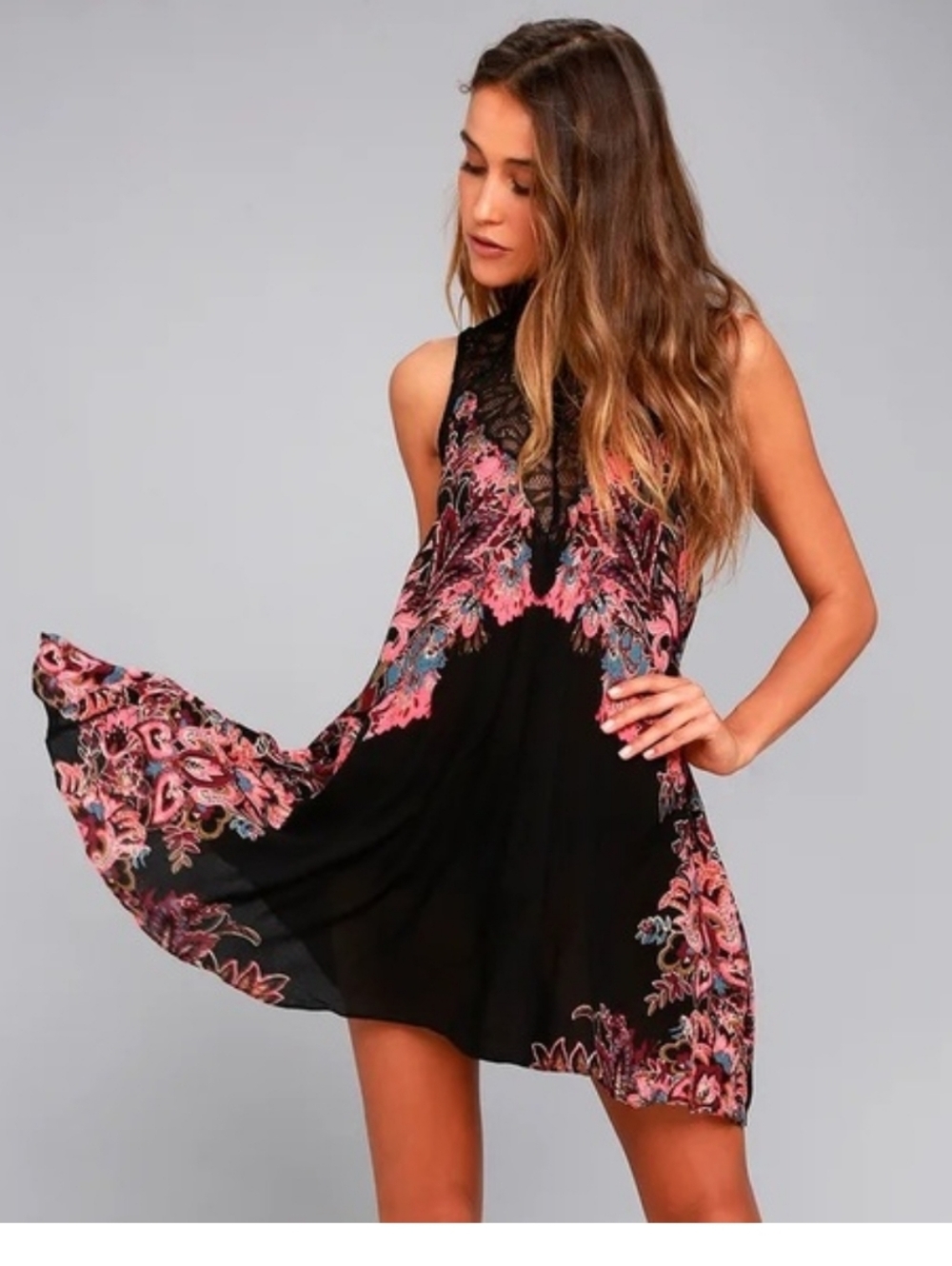 Intimately Free People Black Floral Lace-Trim Swing Slip Dress with Pink Accents